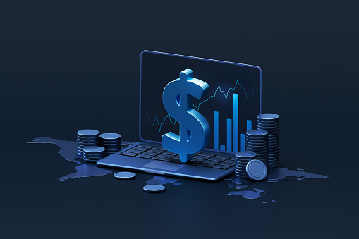 Money investment laptop business finance currency data online analysis concept on 3d background of growth financial stock market technology economy strategy or global wealth coin dollar bank exchange.