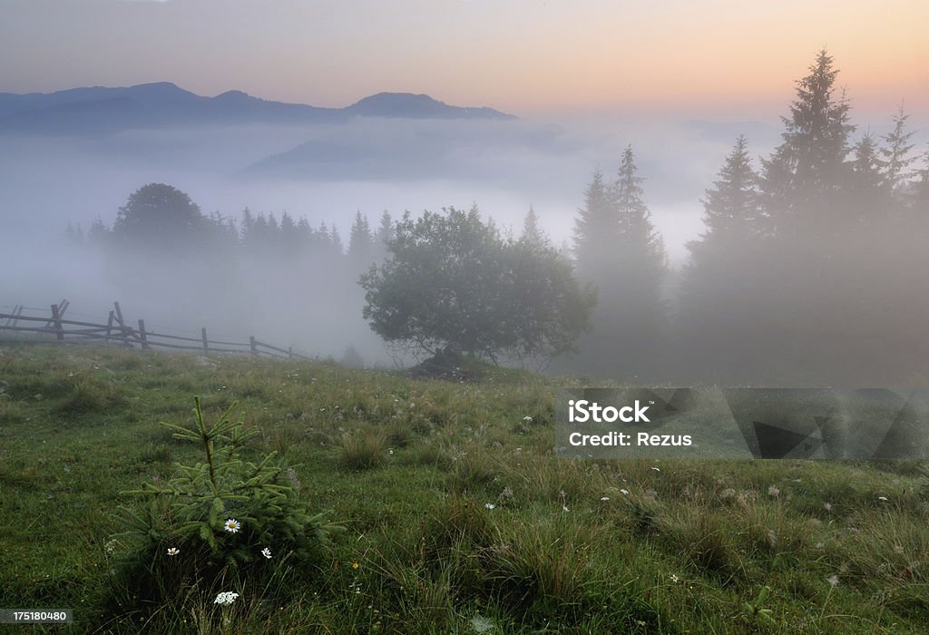 Mystic nevoeiro ao amanhecer na aldeia de Montanha - Royalty-free Aldeia Foto de stock