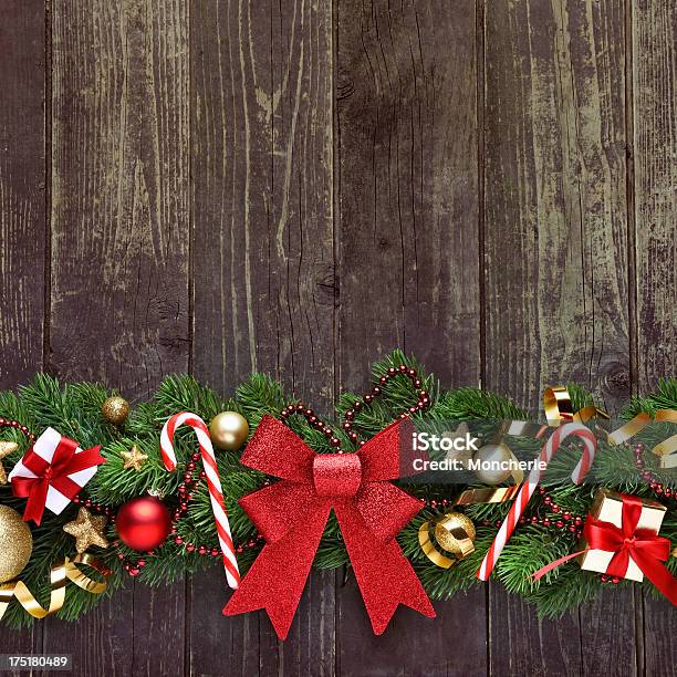 Christmas Garland On Rustic Wood With Copy Space Stock Photo - Download Image Now - Backgrounds, Border - Frame, Box - Container