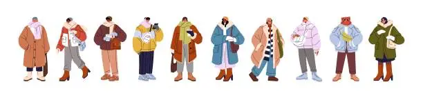 Vector illustration of People wrap in winter clothes set. Persons wearing warm outfit in cold weather outdoor: hat, scarf, furry coat, mittens. Wintertime fashion. Flat isolated vector illustration on white background