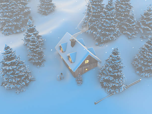 Illuminated house in a snow covered winter CGI Scenery with christmas tree and snowman beside it.