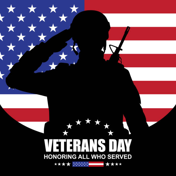 Veterans day poster Veterans day poster. Silhouette of US military saluting soldier. EPS10 vector us military silhouette stock illustrations