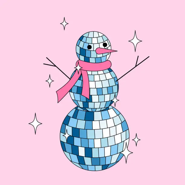 Vector illustration of Disco mirror ball snowman with scarf in cartoon style on pink background.
