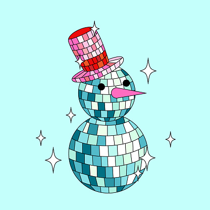 Disco mirror ball snowman in hat on blue background.
Cute Christmas card. Vector funky illustration.
