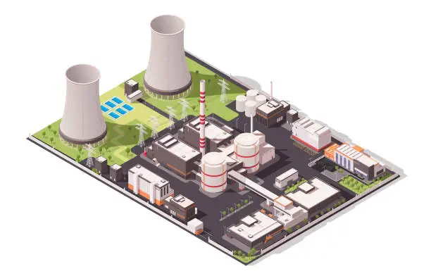 Vector illustration of Nuclear power plant. Electricity factory, energy reactor. Atom splitting. Environment pollution, urban architecture. Radioactive place. Industrial technology. Isometric vector illustration