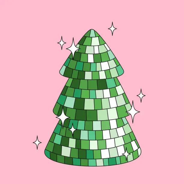 Vector illustration of Disco mirror ball Green Christmas tree on pink background.