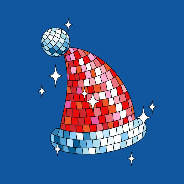 Vector illustration of Disco mirror Santa hat in cartoon style on blue background.