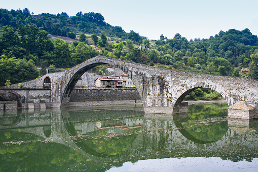 Ponte del Diavolo crossing the Serchio river near the town of Borgo a Mozzano in the Italian province of Lucca