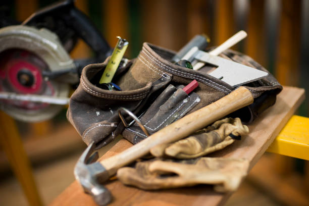 Carpentry Tools On Wooden Plank.  tool belt stock pictures, royalty-free photos & images