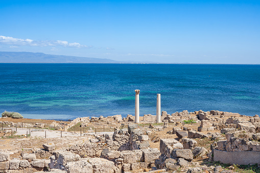 Coastal view of the ancient Tharros on a sunny day, located in Sardinia, Italy