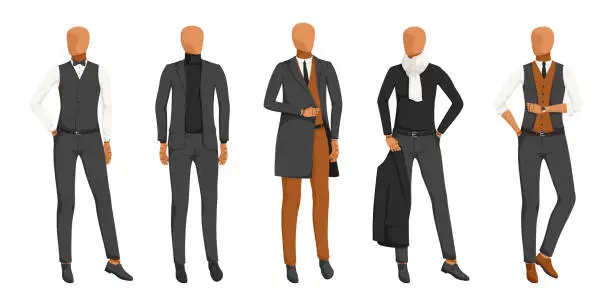 Vector illustration of Collection of black, brown and white formal wear on mannequin in row. Collection of jacket, shirt, trousers, vest, shoes. Male warm office uniform. Isolated on white background. Vector illustration