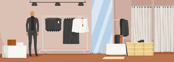 Vector illustration of Collection of black and white formal wear on sale at shop showcase. Collection of jacket, shirt, trousers, vest, shoes. Male warm office uniform demonstrated on mannequin. Vector illustration