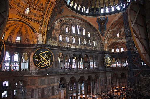 Istanbul, Turkey - July 05, 2018: View of the Hagia Sophia (Holy Hagia Sophia Grand Mosque). In 1935, the secular Republic of Turkey established it as a museum. In 2020, it re-opened as a mosque.