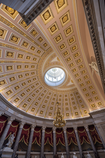 Vertical shot of the ceiling and dome of the National Statuary Hall, in the United States Capitol, Washington DC, United States