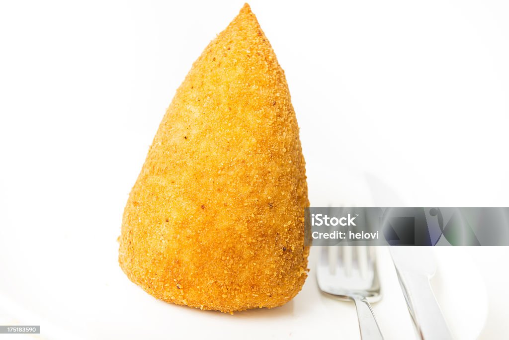 Arancini - Wikipedia "One cone of arancini - rice croquette on white background, fork. Studio shot." Rice Croquette Stock Photo
