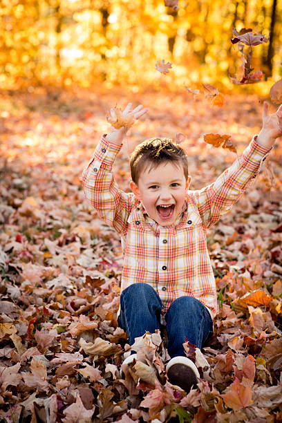 istock Cute Little Boy Laughing/Shouting While Sitting in Fall Leaves 175183737