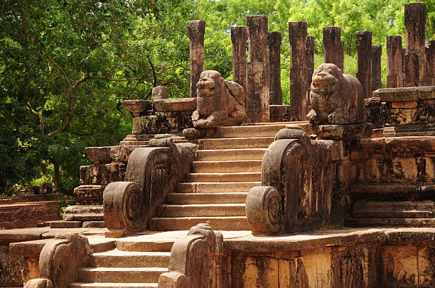 Telephoto image of old audience hall with ornate steps and guarded by lions a UNESCO sight.
