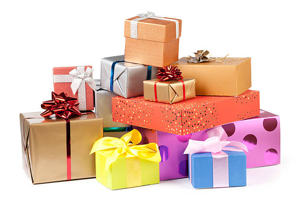 istock Stacks of colorful gift boxes over a white background 175184886
