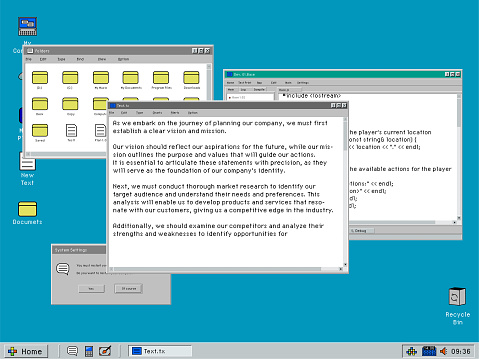 Nineties Operating System Template with Text Editor Software For Old PC Monitors, Displays. Computer User Writing a Marketing Copy in a Window on 1024x768 Resolution Screen with 4:3 Aspect Ratio