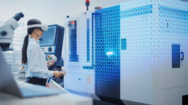 istock Professional Research and Development Specialist Wearing a Virtual Reality Headset, Managing Settings on an Industrial Machine at a Factory Facility. Digital Hologram Showing Scanning in Action. 1751853593