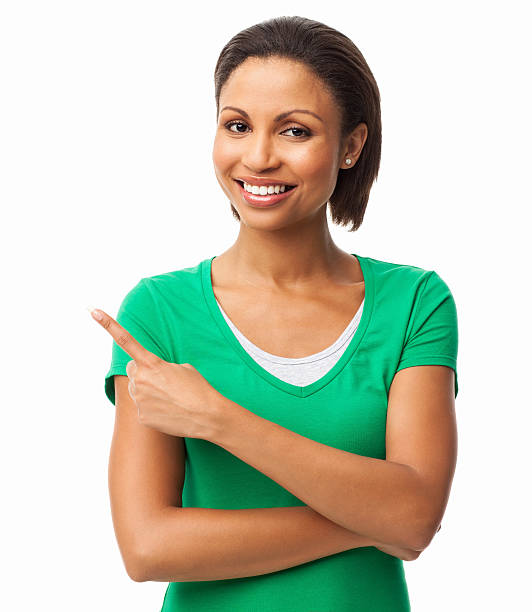 istock Woman Pointing To Her Right - Isolated 175185385