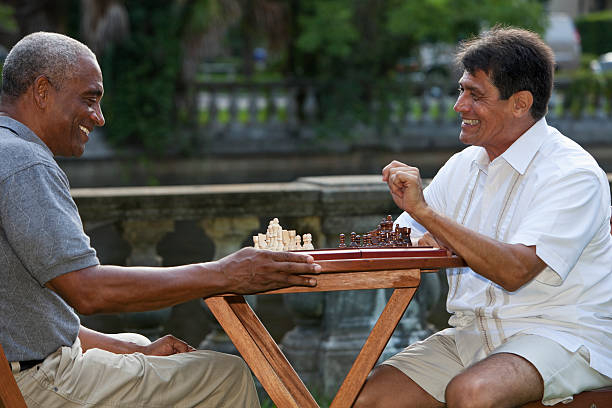 männer spielen schach im park - sc0569 stock-fotos und bilder