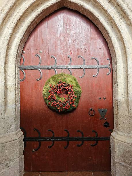 Autumn decorations on a church door stock photo