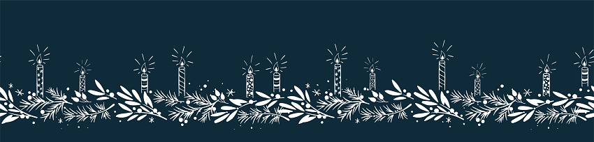 Cute hand drawn horizontal seamless pattern with candles, branches and christmas decoration - x mas background, great for textiles, banners, wallpapers - vector design