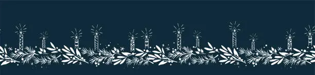 Vector illustration of Cute hand drawn horizontal seamless pattern with candles, branches and christmas decoration - x mas background, great for textiles, banners, wallpapers - vector design
