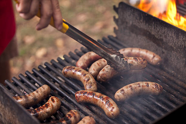 Sausages and kebabs on the BBQ grill