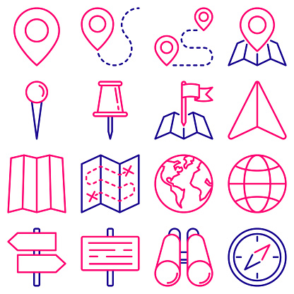Location thin line icons set: pin, pointer, direction, route, compass, wall needle, cursor, navigation, gps, binoculars. Modern vector illustration.