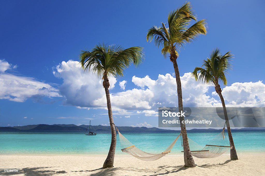 hammocks between palm trees at White Bay, Jost van Dyke two hammocks between palm trees at White Bay, Jost van Dyke, British Virgin Islands; St. John, US Virgin Islands in background Jost Van Dyke Island Stock Photo