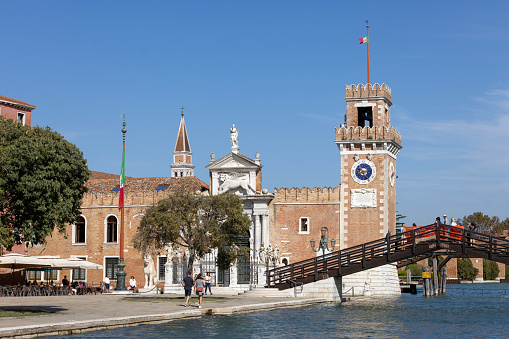 Venice, Italy - September 28, 2023: 12th century Venetian Arsenal, old shipyard. It was the largest industrial complex in Europe before the Industrial Revolution