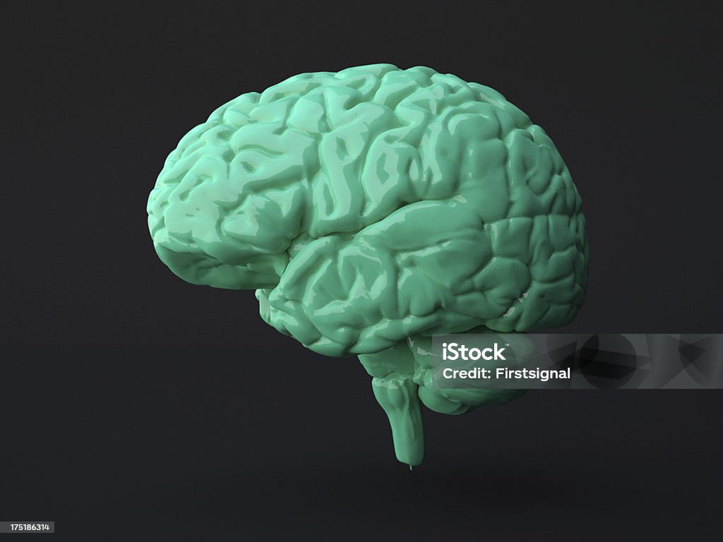 Green human brain on dark background Green human brain on dark background. Computer generated image. Green Color Stock Photo