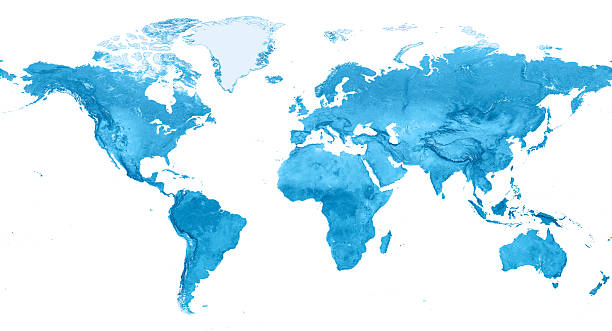 World Map Topography Miller Projection Isolated 3D render and image composing: Topographic World Map on Miller Cylindrical Projection. Isolated on White. Very high resolution available! High quality relief structure! blue world stock pictures, royalty-free photos & images