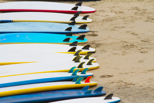 A row of foam surfboards ready to go.