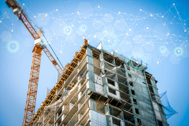 istock Construction technology banner background. Construction site with cranes, fittings and concrete. 1751873262