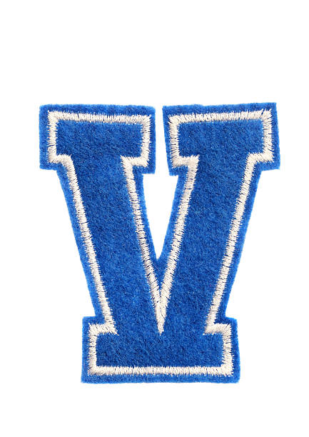 varsity in stile college lettera v - alphabet blue felt capital letter foto e immagini stock