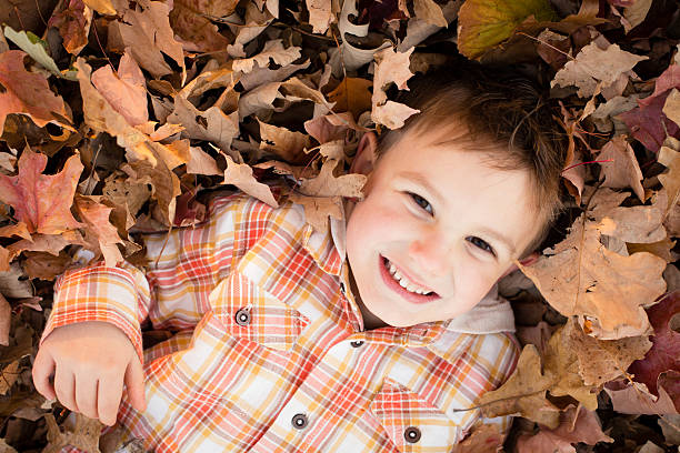 istock Little Boy Lying in Leaves While Outside on Fall Day 175188058