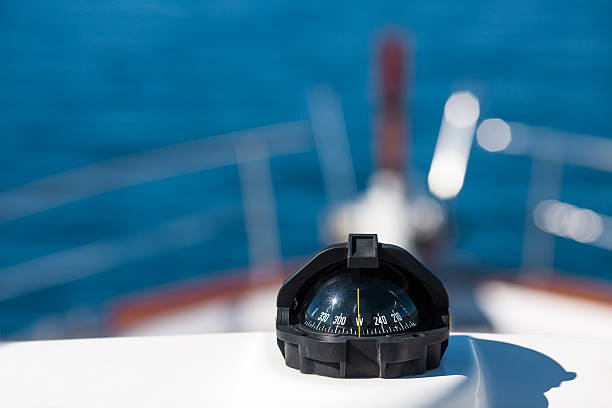 Nautical Compass "Photo of boat, focus on the nautical compass, poiting west" nautical compass stock pictures, royalty-free photos & images