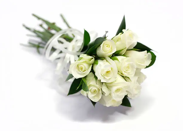 Photo of White rose flower bouquet or wedding posy, isolated background, shadow