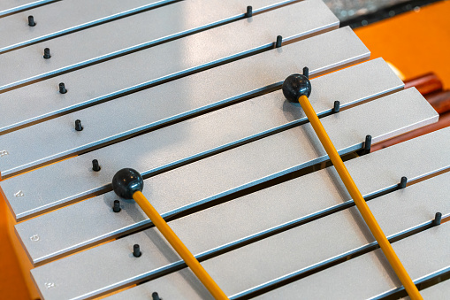 Xylophone closeup, wooden percussion instrument