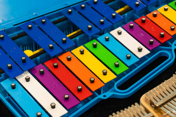 Close view on wooden old instrument xylofone