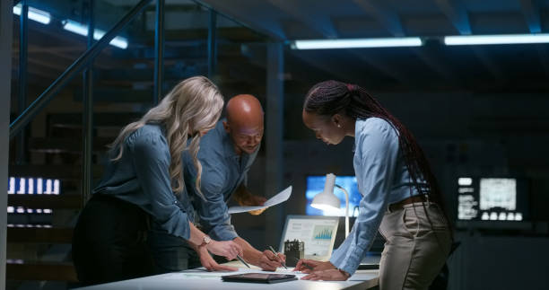 istock Business people, teamwork and technology for planning, research and writing strategy or project in office. Professional, corporate employees and collaboration for digital marketing review or plan 1751900826