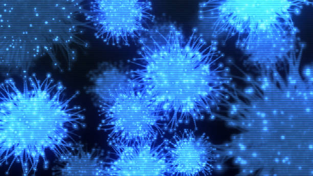 istock Viruses or micro-organisms with scanner effect, 3D render. Blue glitchy background. Covid-19 coronavirus. 1751901379