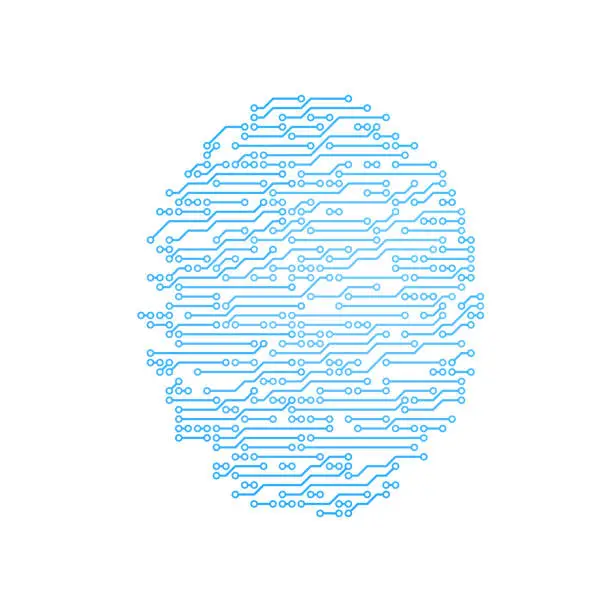Vector illustration of Turquoise digital fingerprint seamlessly transitioning into a circuitry pattern.