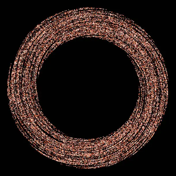 Vector illustration of Circular ring composed of intricate copper-hued particles on a black backdrop.