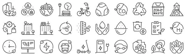 Vector illustration of Line icons about green city with editable stroke.