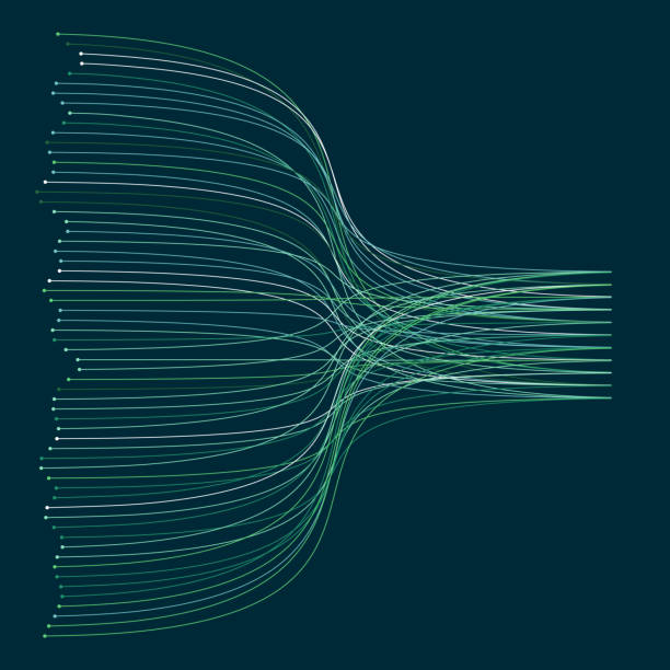 illustrations, cliparts, dessins animés et icônes de des lignes vertes fluides convergent et divergent sur un fond sombre. - fiber optic technology abstract green