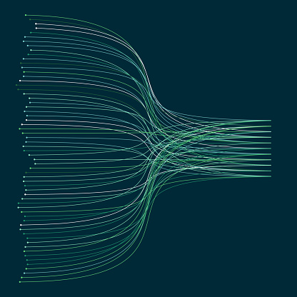 This graphic depicts a myriad of parallel green lines on a deep greenish-blue background. As the lines progress, they intertwine, giving the sensation of fluidity and motion. The lines' convergence in the middle creates a sense of compression or a central point of attraction before they fan out again. The visual is reminiscent of digital data flows, currents, or even abstract representations of fiber optics.